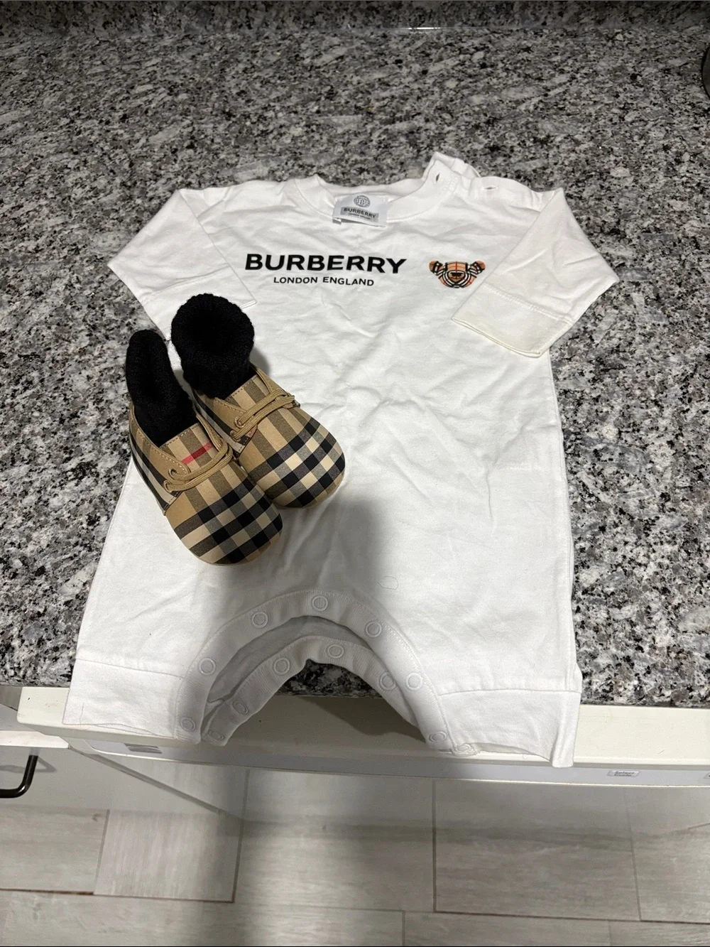 Burberry White Baby Onesie with Logo and Crest
